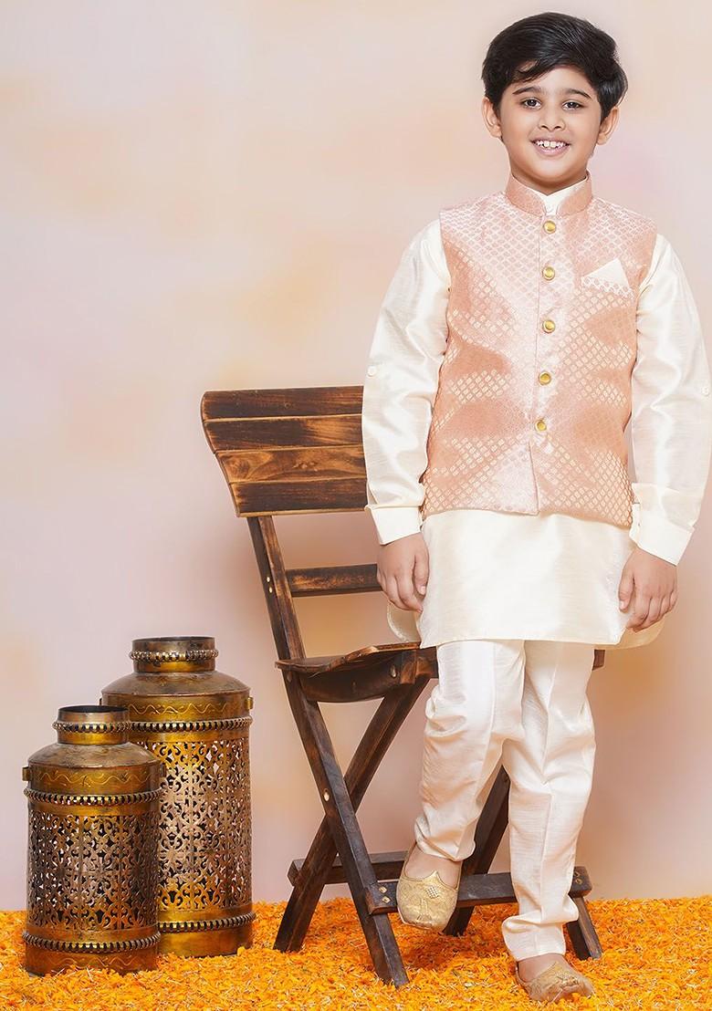 Peach Mandarin Collar Regular Kurta With Pyjamas And Nehru Jacket For Boys