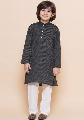 Black Striped Mandarin Collar Regular Pure Cotton Kurta With Pyjamas For Boys