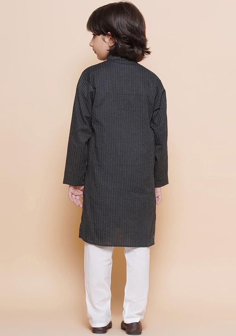 Black Striped Mandarin Collar Regular Pure Cotton Kurta With Pyjamas For Boys
