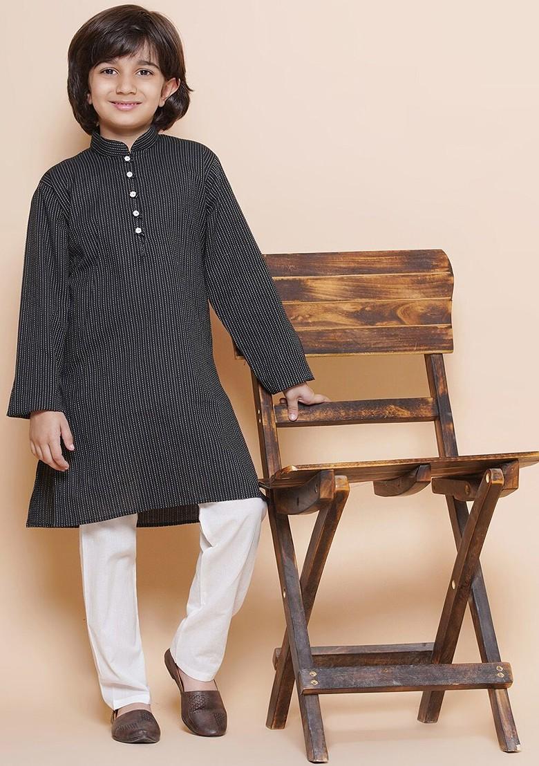 Black Striped Mandarin Collar Regular Pure Cotton Kurta With Pyjamas For Boys