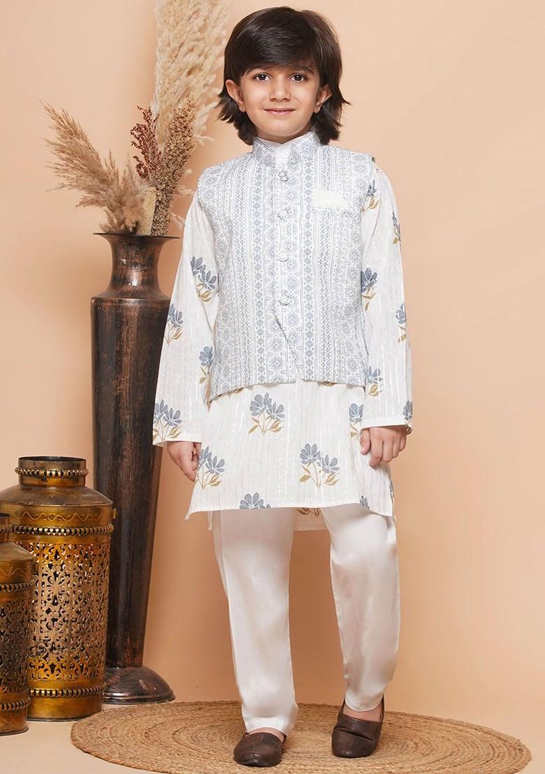 Grey Floral Printed Pure Cotton Kurta And Pyjamas With Nehru Jacket For Boys