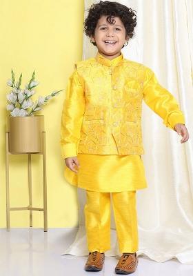 Yellow Mustard Yellow Regular Raw Silk Kurta With Trousers And Nehru Jacket For Boys