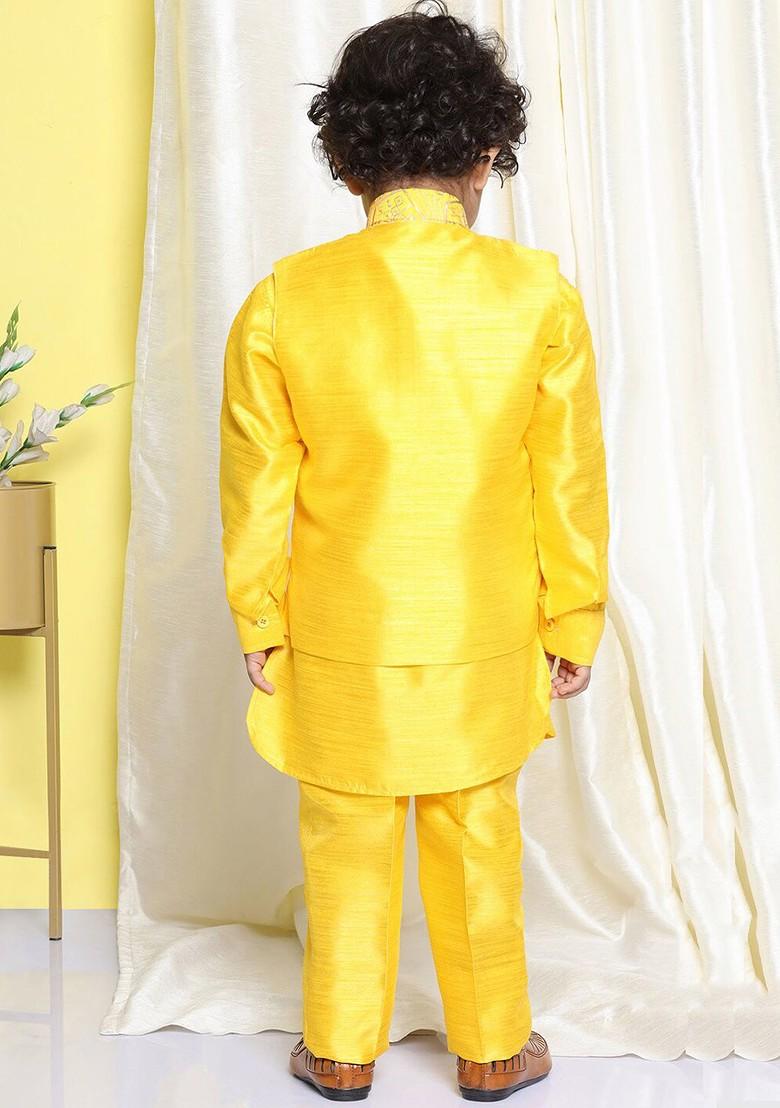 Yellow Mustard Yellow Regular Raw Silk Kurta With Trousers And Nehru Jacket For Boys