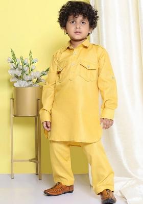 Mustard Pathani Regular Kurta With Pyjamas For Boys