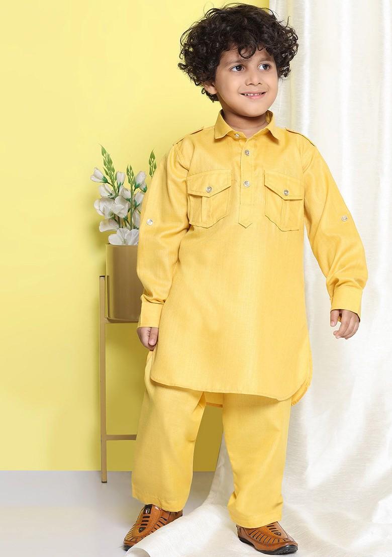 Mustard Pathani Regular Kurta With Pyjamas For Boys