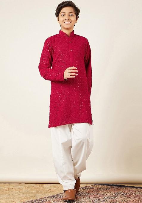 Red Sequined Embroidered Regular Pure Cotton Kurta With Salwar For Boys
