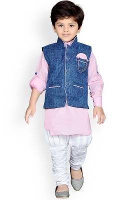 Pink Mandarin Collar Pure Cotton Kurta With Churidar And Nehru Jacket For Boys