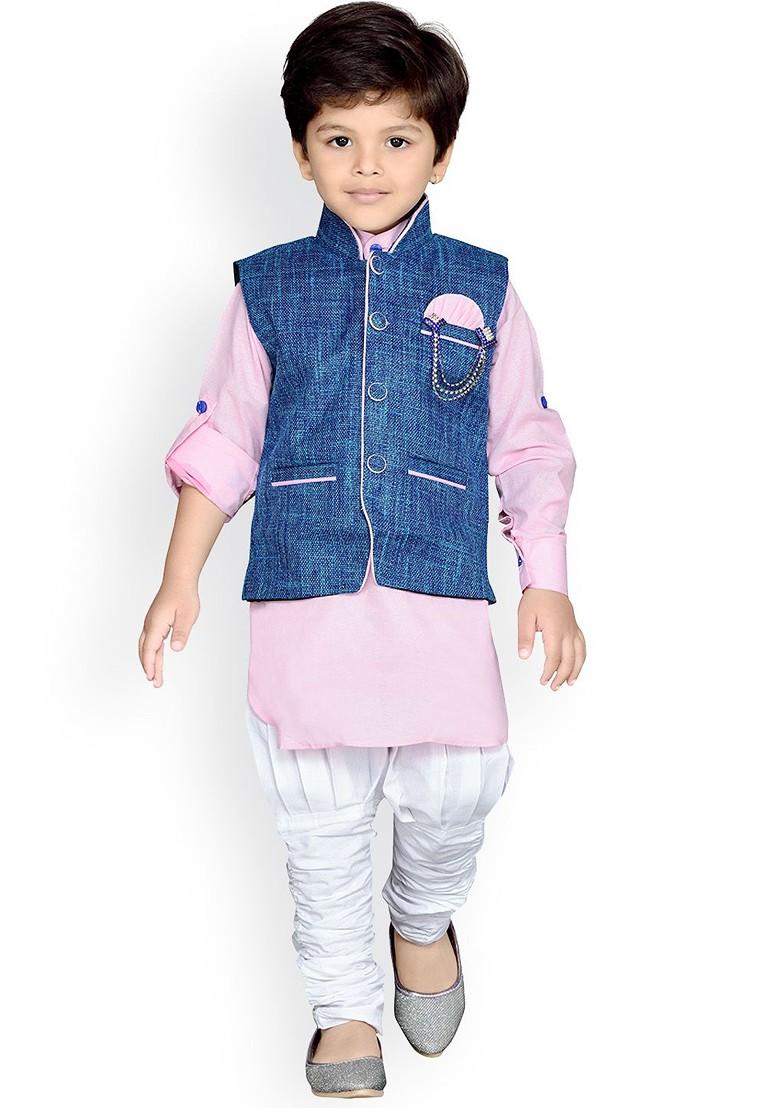 Pink Mandarin Collar Pure Cotton Kurta With Churidar And Nehru Jacket For Boys