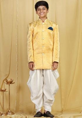 Yellow Yellow Woven Design Sherwani Set For Boys