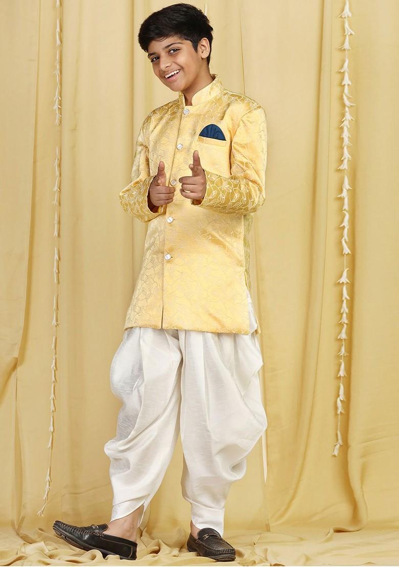 Yellow Yellow Woven Design Sherwani Set For Boys