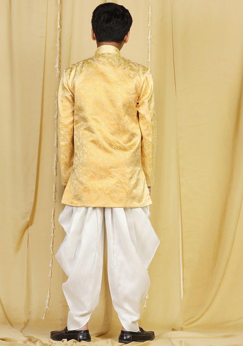 Yellow Yellow Woven Design Sherwani Set For Boys