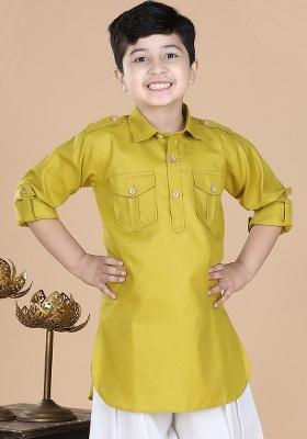 Yellow Shirt Collar Roll Up Sleeves Cotton Kurta For Boys
