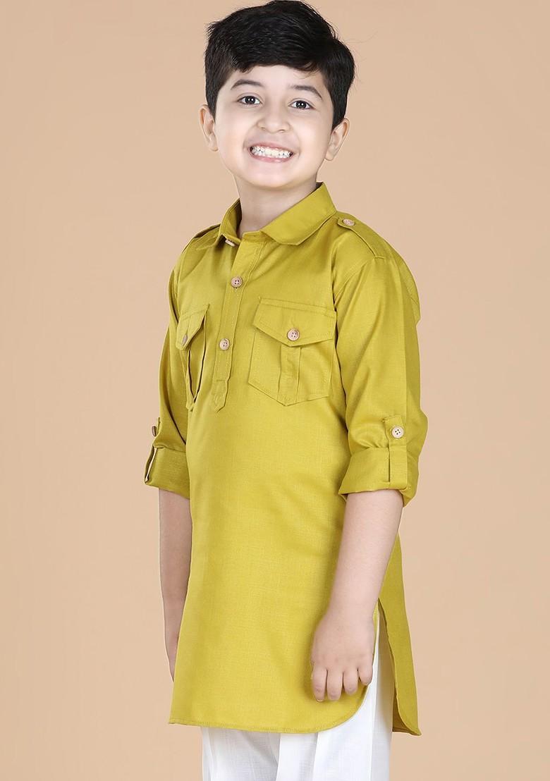 Yellow Shirt Collar Roll Up Sleeves Cotton Kurta For Boys