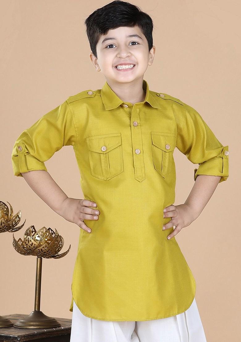 Yellow Shirt Collar Roll Up Sleeves Cotton Kurta For Boys