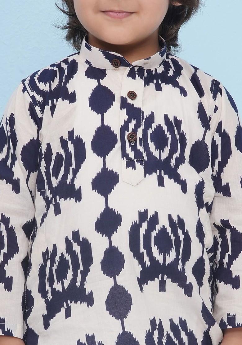Blue Geometric Printed Pure Cotton Straight Kurta For Boys