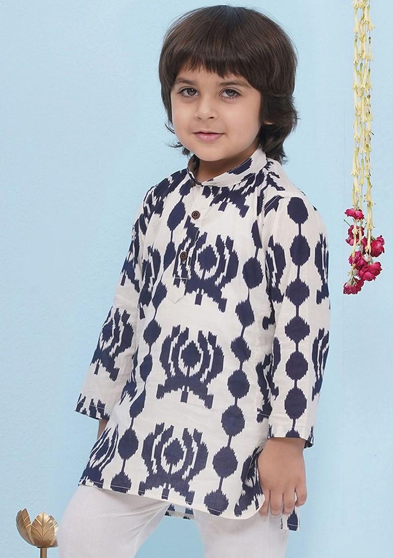 Blue Geometric Printed Pure Cotton Straight Kurta For Boys