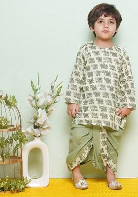 Green Pure Cotton Kurta With Dhoti Pants For Boys