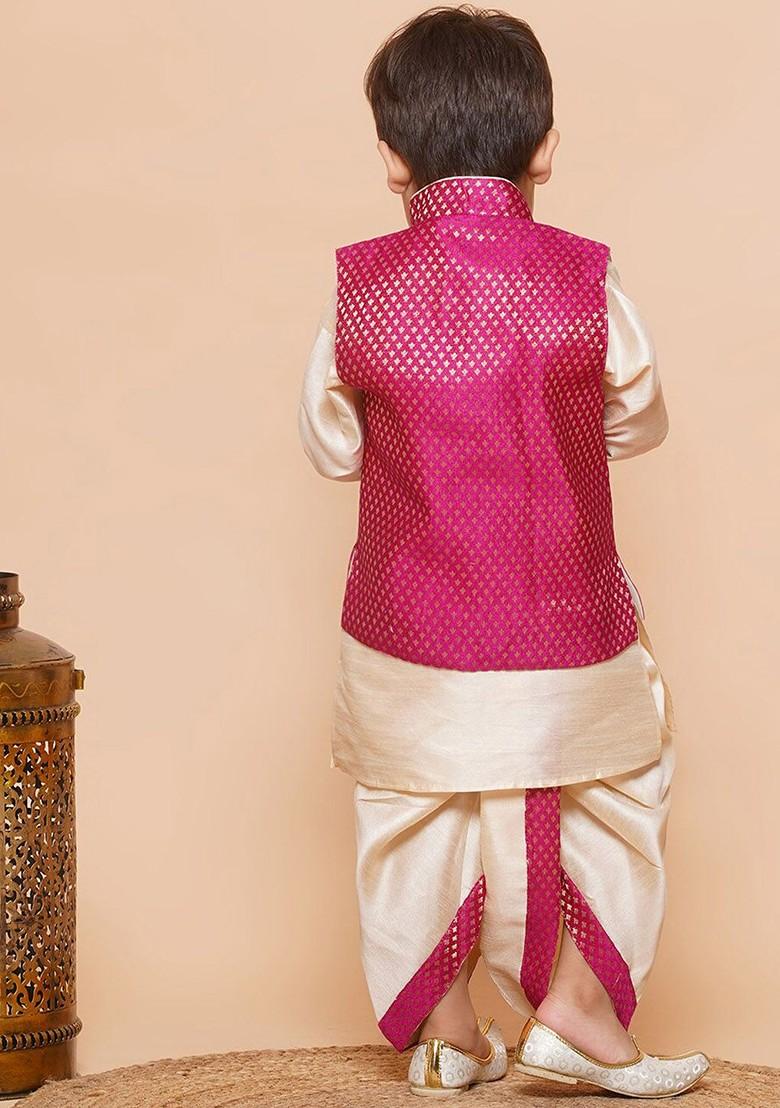 Cream Mandarin Collar Raw Silk Kurta With Dhoti Pants And Nehru Jacket For Boys