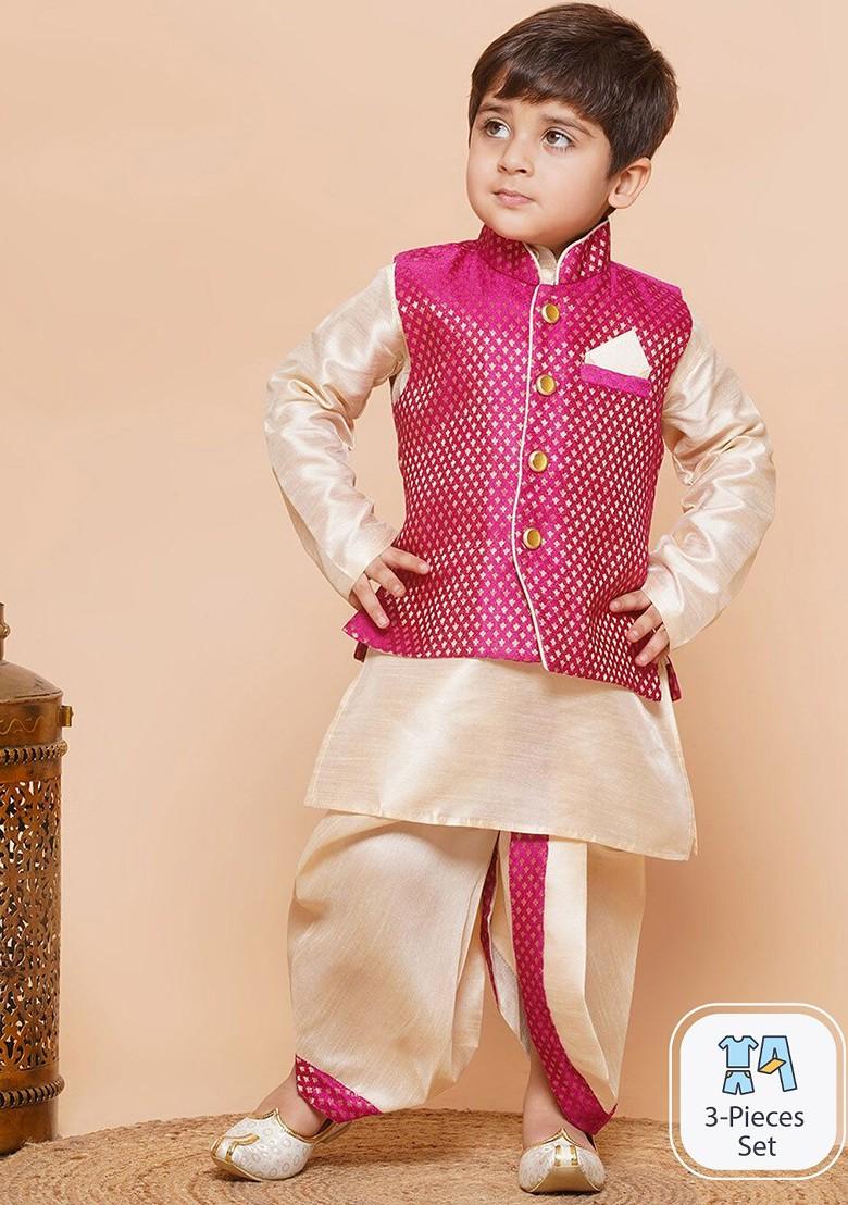 Cream Mandarin Collar Raw Silk Kurta With Dhoti Pants And Nehru Jacket For Boys