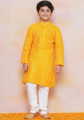 Yellow Bandhani Printed Pure Cotton Kurta With Pyjamas For Boys