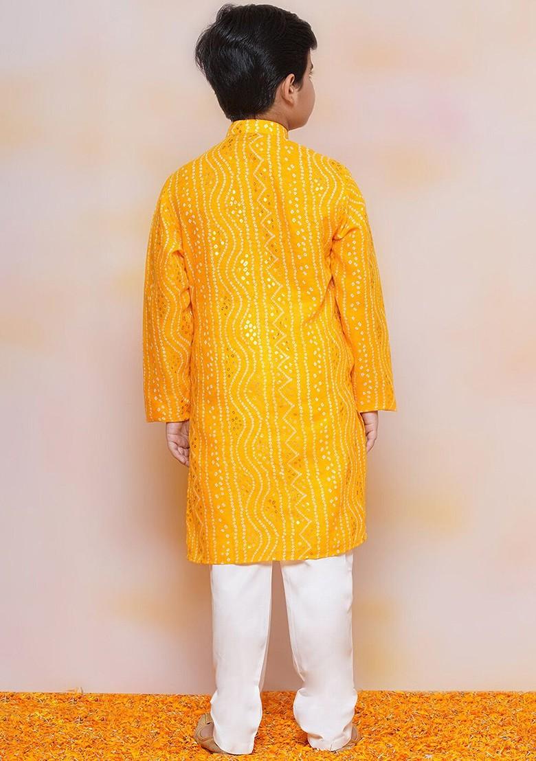 Yellow Bandhani Printed Pure Cotton Kurta With Pyjamas For Boys
