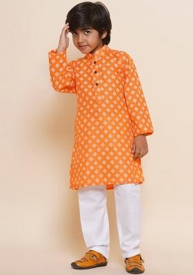 Orange Ethnic Motifs Printed Regular Pure Cotton Kurta With Pyjamas For Boys