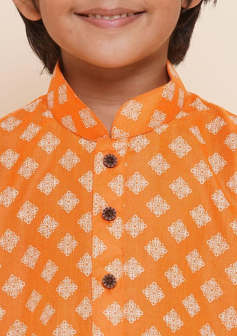 Orange Ethnic Motifs Printed Regular Pure Cotton Kurta With Pyjamas For Boys