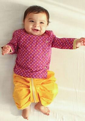 Boys Bandhani Printed Pure Cotton Straight Kurta With Dhoti Pants