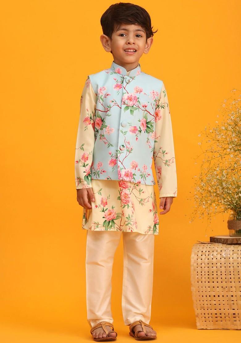 Boys Floral Printed Kurta With Pyjamas And Nehru Jacket - Indya