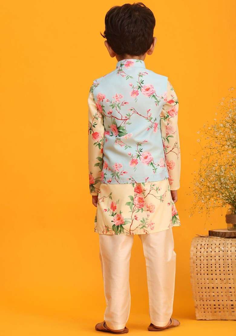 Boys Floral Printed Kurta With Pyjamas And Nehru Jacket - Indya