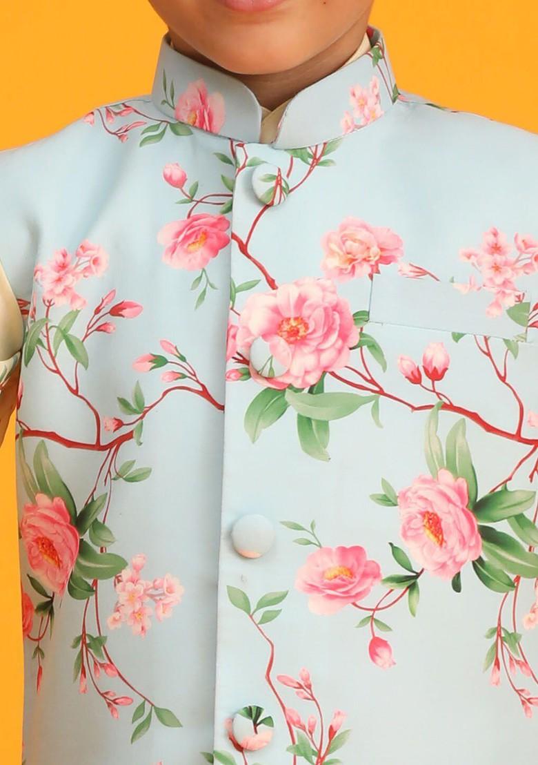 Boys Floral Printed Kurta With Pyjamas And Nehru Jacket - Indya