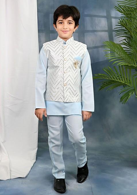 Boys Chevron Sequined Embroidered Kurta And Trousers With Nehru Jacket