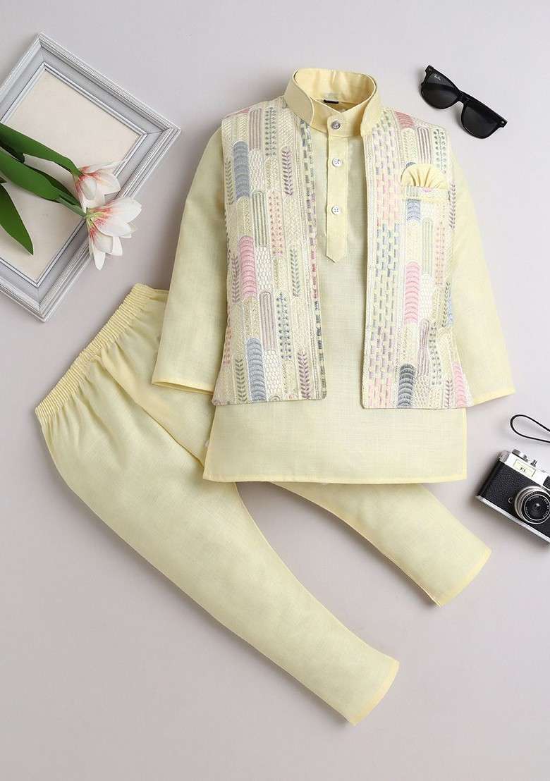 Boys Band Collar Pure Cotton Straight Kurta With Pyjamas And Nehru Jacket - Indya