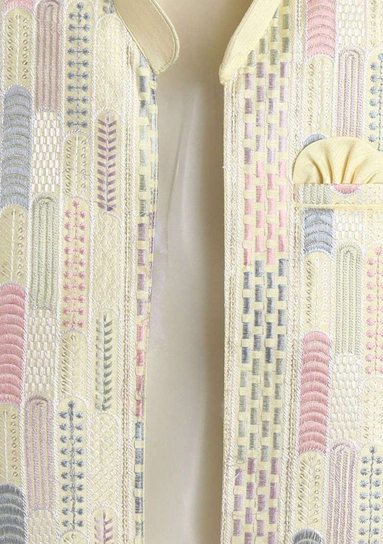 Boys Band Collar Pure Cotton Straight Kurta With Pyjamas And Nehru Jacket - Indya