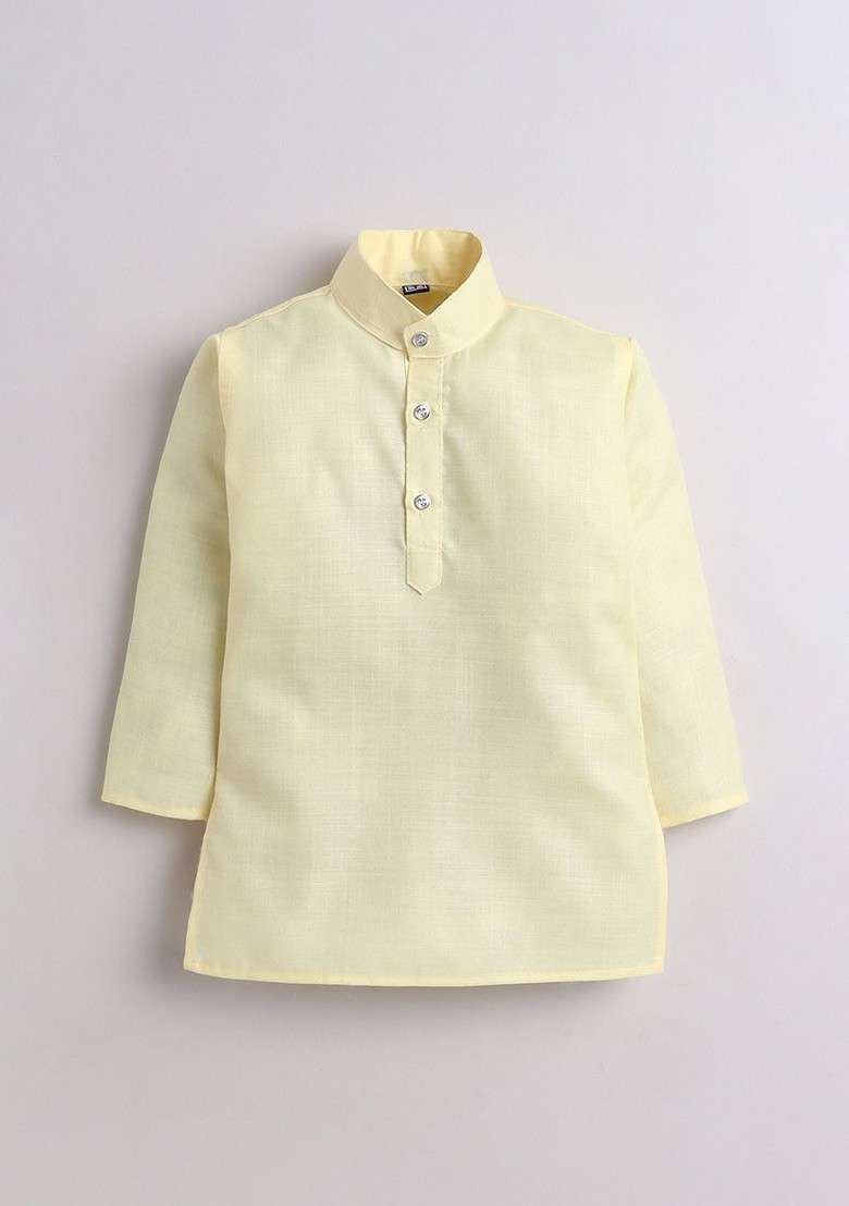 Boys Band Collar Pure Cotton Straight Kurta With Pyjamas And Nehru Jacket - Indya