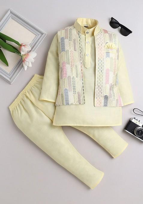 Boys Band Collar Pure Cotton Straight Kurta With Pyjamas And Nehru Jacket — view on Indya