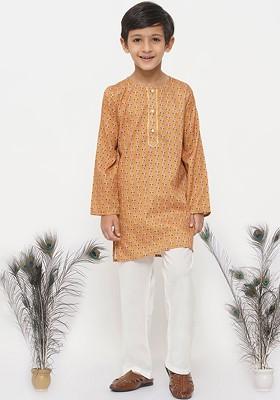 Boys Orange Ethnic Motifs Printed Pure Cotton Kurta With Pyjamas