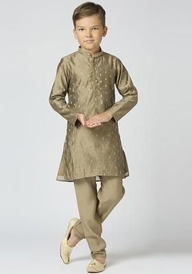 Boys Ethnic Motifs Woven Design Mandarin Collar Chanderi Cotton Kurta With Trouser