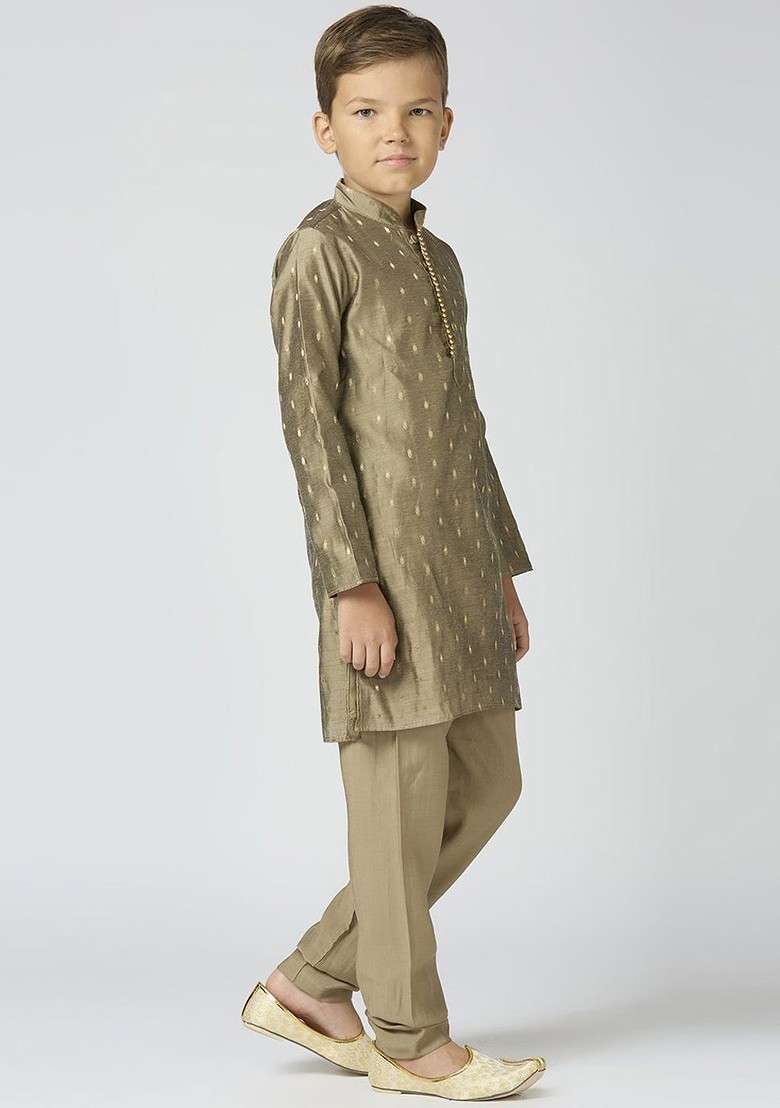 Boys Ethnic Motifs Woven Design Mandarin Collar Chanderi Cotton Kurta With Trouser - Indya