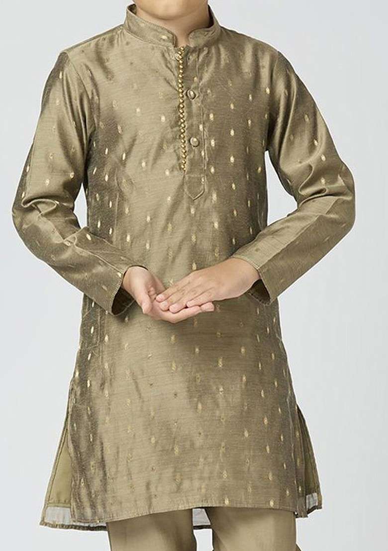 Boys Ethnic Motifs Woven Design Mandarin Collar Chanderi Cotton Kurta With Trouser - Indya