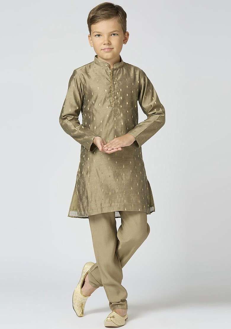Boys Ethnic Motifs Woven Design Mandarin Collar Chanderi Cotton Kurta With Trouser - Indya