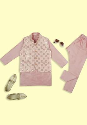 Boys Mandarin Collar Straight Kurta With Churidar And Sequinned Nehru Jacket