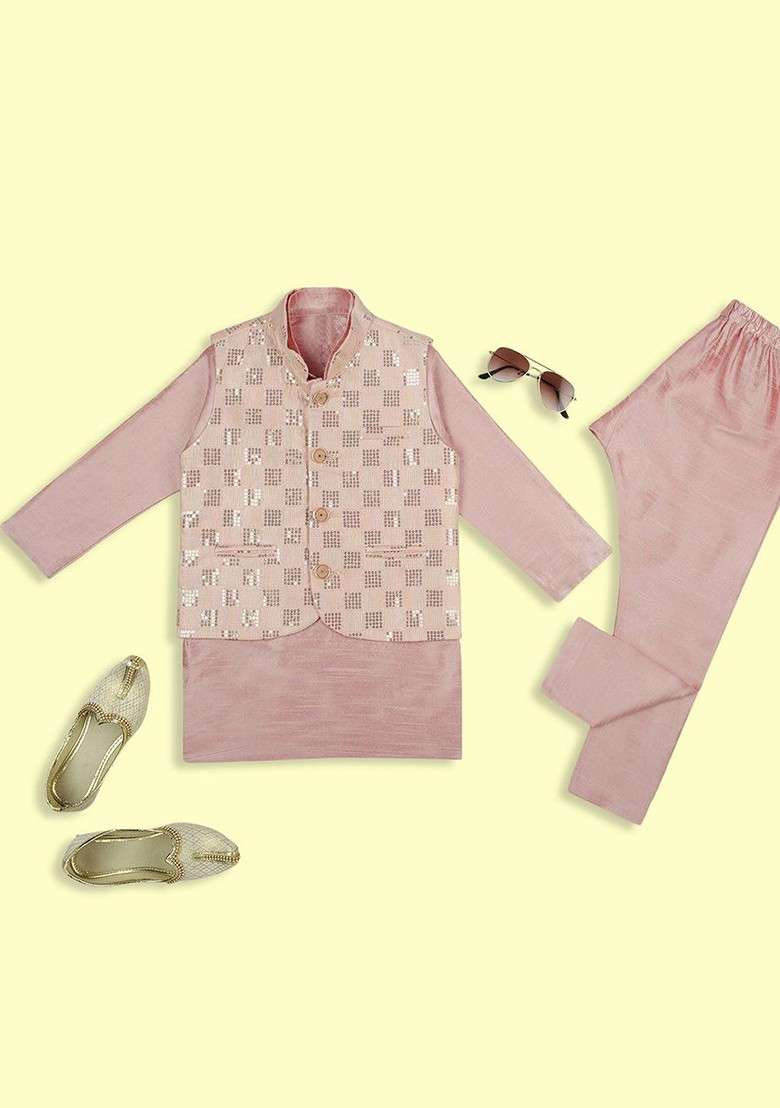 Boys Mandarin Collar Straight Kurta With Churidar And Sequinned Nehru Jacket - Indya
