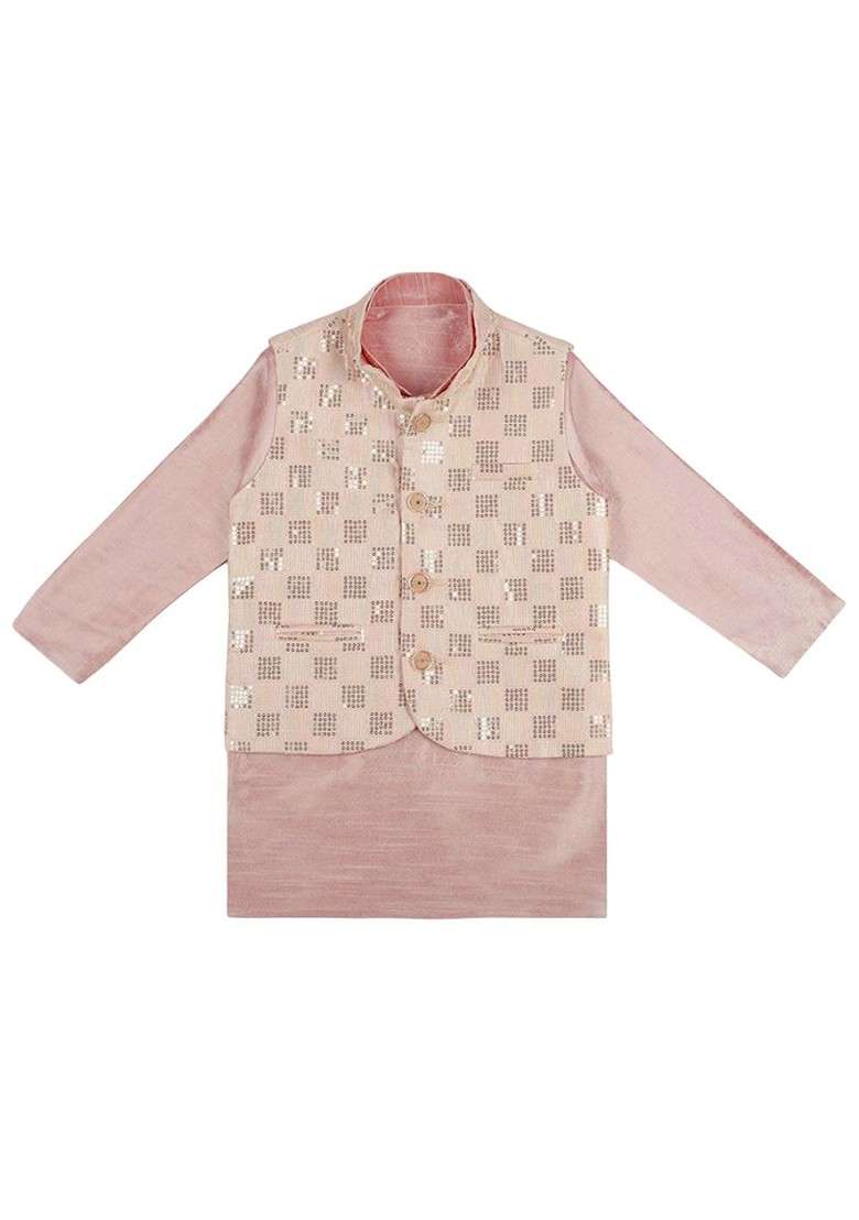 Boys Mandarin Collar Straight Kurta With Churidar And Sequinned Nehru Jacket - Indya