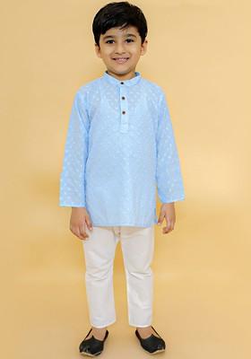 Boys Floral Embroidered Chikankari Pure Cotton Kurta With Pyjamas