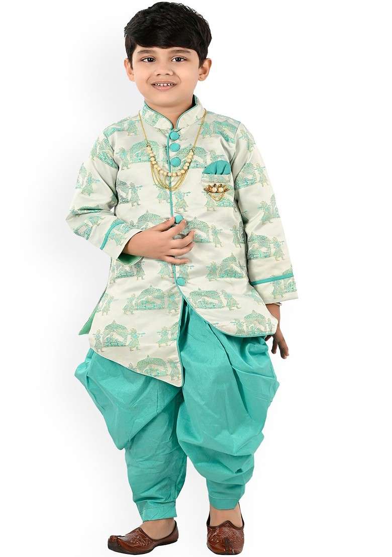 Boys Ethnic Motifs Printed Mandarin Collar Art Silk A Line Kurta With Dhoti Pant - Indya