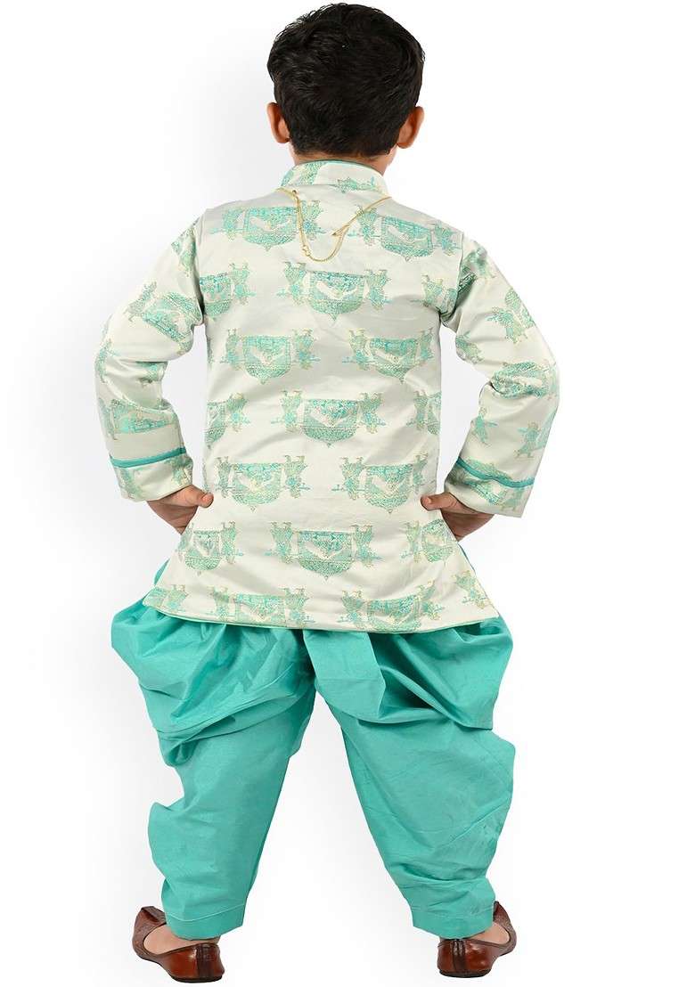 Boys Ethnic Motifs Printed Mandarin Collar Art Silk A Line Kurta With Dhoti Pant - Indya