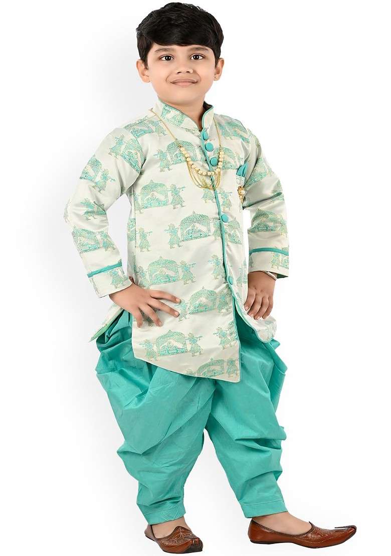 Boys Ethnic Motifs Printed Mandarin Collar Art Silk A Line Kurta With Dhoti Pant - Indya