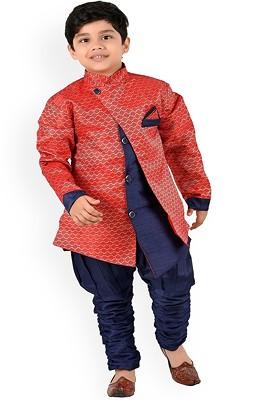 Boys Ethnic Motifs Woven Design Mandarin Collar Kurta With Churidar