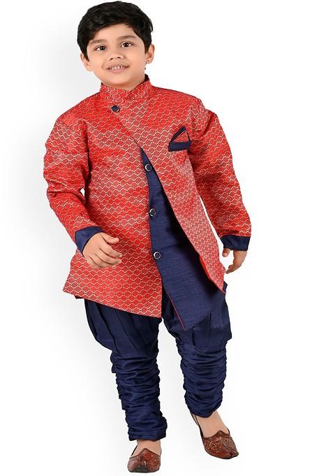 Boys Ethnic Motifs Woven Design Mandarin Collar Kurta With Churidar